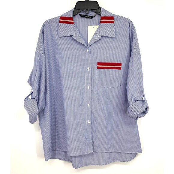 Zara Shirt Poplin Blue Stripe Button Down Roll Tab Sleeve Top - Picture 1 of 12